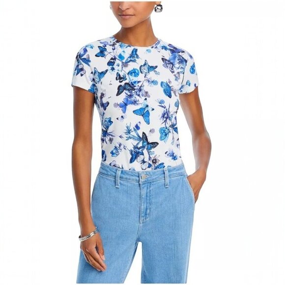 NEW L'AGENCE ressi short sleeve tee in white blue tonal butterflies Size XS - Picture 1 of 6